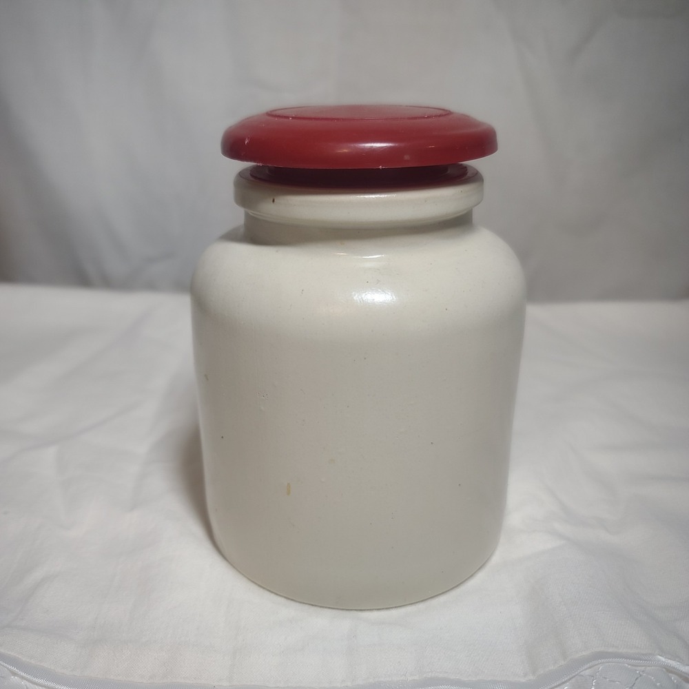 Vintage Stoneware Crock French Mustard Jar w/ Red Plastic Lid Salt Glazed Sturdy